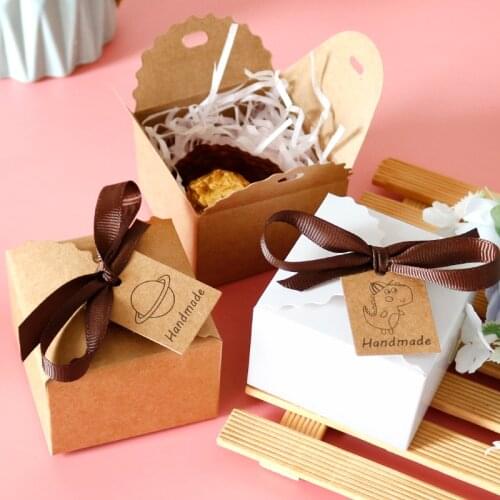 50sets White Kraft Mini Candy Box Wedding Party Favor Gift Boxes DIY Handmade Chocolate Food Packaging Box with Ribbons Tags