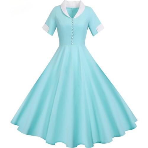 Beading Vintage Summer Dresses for Women Short Sleeve Peter Pan Collar Party Dress Casual Office Ladies Work Dress Plus Size
