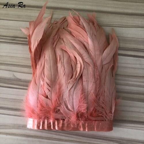 Asia Ra 10Meters 20-25cm 8-10Inches Coral Dyed Rooster Coque Feather Trim Natural Chicken Plume Fringes Strips Wedding Decorates