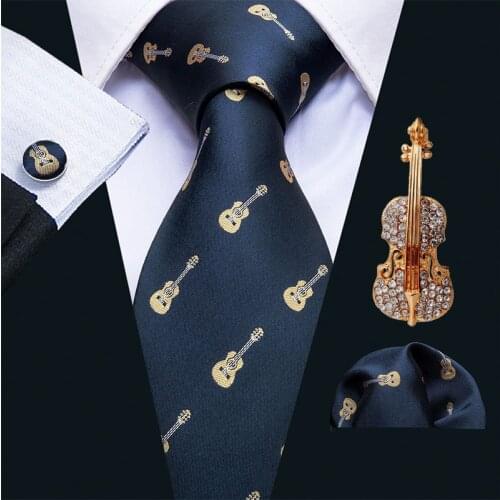Men Ties Violin Pattern 8.5cm Silk Necktie Fashion Brooch Set Jacquard Woven Tie for Men Cravat Fashion Tie Wedding