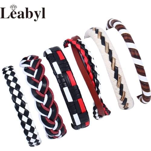 Leabyl Classic Mix Color DIY Braided Cow Leather Strap Vintage Bracelet Set Ethnic Style Handmade Bowknot Rope Punk Bracelet