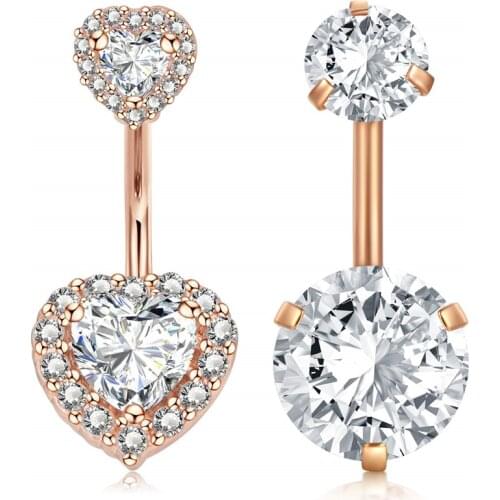 14G Double Heart Cubic Zirconia Navel Rings Belly Button Ring Surgical Steel Piercing Jewelry 10mm Bar