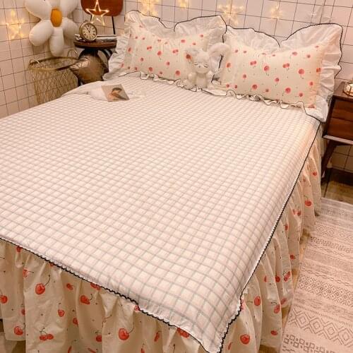 Cilected 100% Cotton Bed Skirt Korean Ins Geometric Small Floral Print Bedspread Non-Slip Bed Sheet Single And Double Bed Decor