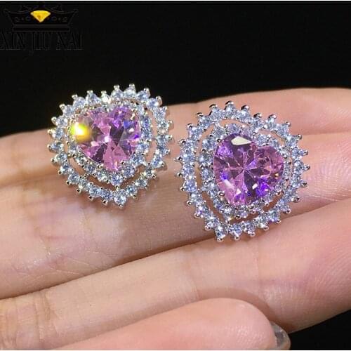 Crystal Female Pink Romantic heart Zircon Stone Earrings Fashion 925 Silver Jewelry Cute Female Big Heart Earrings For Women
