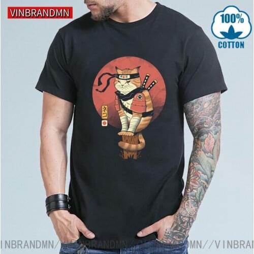 Vinbrandmn Cool Samurai Cat T-shirt Camisa Anime Funny Cat Sushi Chef T shirt for men Humor Ninja Cat T-shirt Ninjitsu tee shirt