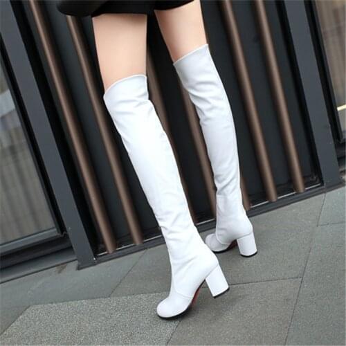 Fashion Knee High Boots Womens Winter Boots Thick High Heels Long Boots Round Slip On Spring Autumn Shoes Woman Black White 39