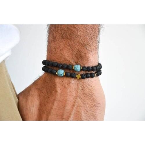 Mens Bracelet, Beaded Bracelet Men, Lava Beaded Bracelet, Black Bracelet, Cross Bracelet Men, Mens Jewelry