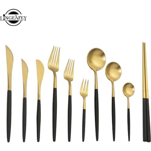 Stainless Steel Cutlery Set New Dinnerware Set Black Handle Gold Dinner Scoop Fork Knife Set Teaspoon Tableware