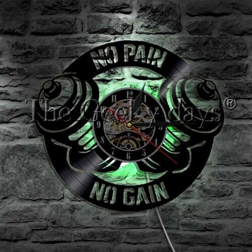 No Pain No Gain GYM Workout Dumbbell Sport Wall Clock LED Wall Light Fitness Sign Keep Fit Bodybuilding Modern Wall Lamp