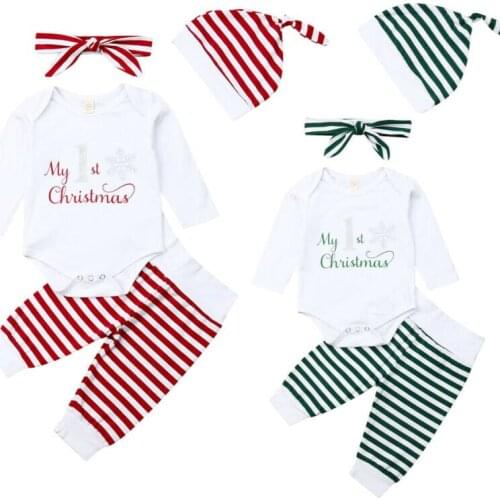 New Fashion Newborn Kid Baby Girl Boy Christmas Clothes Romper Top Striped Pants Xmas Cotton Outfit 4PCS одежда для новорожденых