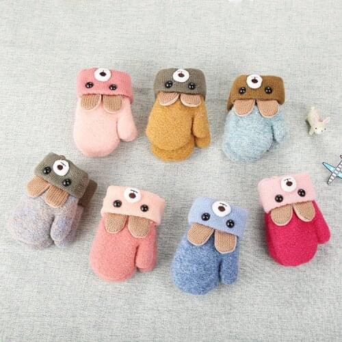 New 0-3 Years Old Cute Bear Cartoon Child Gloves Winter Knit Wool Newborn Mittens Velvet Thick Childrens Hanging Neck Glove