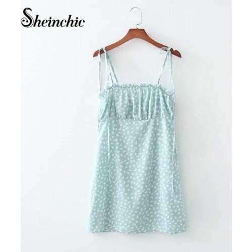 Vacation Sexy Spaghetti Strap Beach Dresses for Women 2021 Boho Green Floral Mini Dress Chiffon Robe Femme