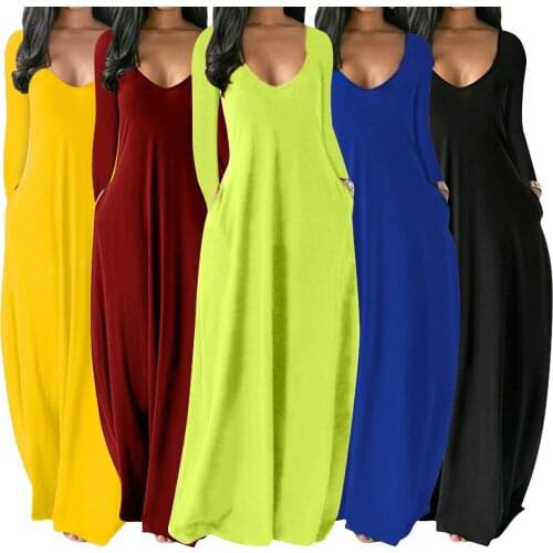 Casual Long Sleeve Loose Dress with Pocketes Women Long Dresses Autumn Spring Clothes Solid Color Straight Robe Ladies Dresses