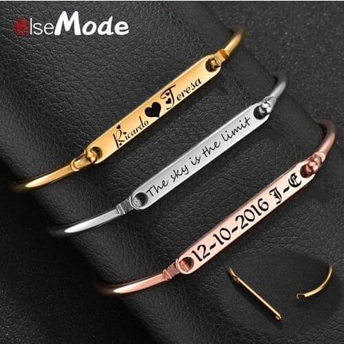 ELSEMODE Simple 316L Stainless Steel Engraved Name Bangle For Women Custom Date Logo ID Tag Bracelet Personalized Wedding Gift