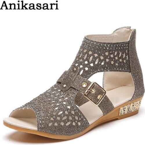 Summer Shoes Woman Crystal Sandals After the Zipper Bing Womens Sandals Woman Wedges Peep Toe Women Low Heel Shoes Size 36-40