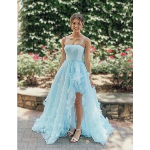Light Blue Tulle Prom Dresses 2021 Spaghetti Straps High Low Formal Evening Party Dress Celebrity Gown robe de soiree