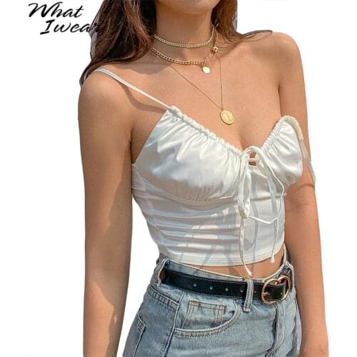 Tie Up Sexy V-neck Sleeveless Woman Camis Silky Soft Fabric Crop Tops Party Club Sling Tank Tops Female Harajuku 2020 Summer