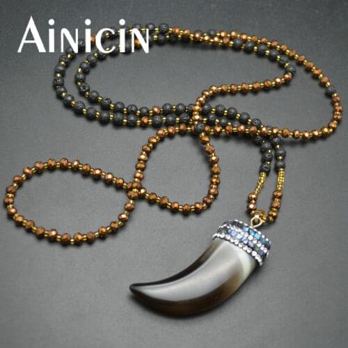 Unique Winter Jewelry Natural Black White Stone Horn Shape Charms Pendant Brown Faceted Glass Black Lava Handmade Chain Necklace