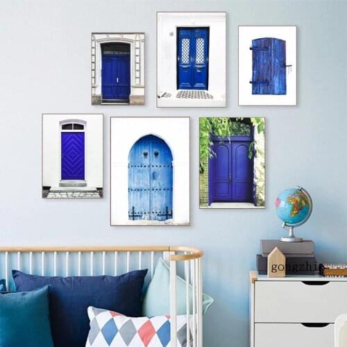 Vintage Architecture Blue Doors Poster Hampton Style Canvas Painting and Prints Wall Art Pictures Bedroom Home Decor Travel Gift