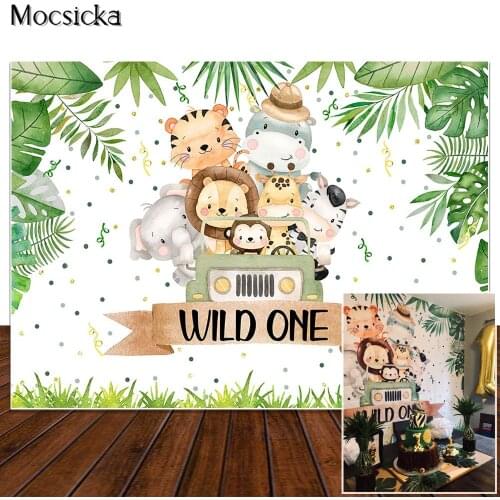 Wild One Baby Shower Backdrop Woodlan Animal Party Photo Background Elephant Lion Baby Shower Party Decor Photography Background