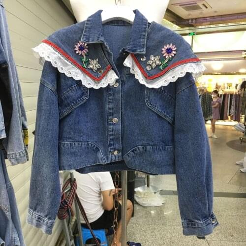 2021 autumn new style lapel diamond lace short denim jacket female sweet casual fashion long sleeves jean coat tops for women
