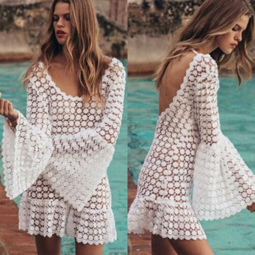 Womens Bikini Cover Up Mini Sundress Kaftan Lace Hollow Out Beach Wear Swimwear