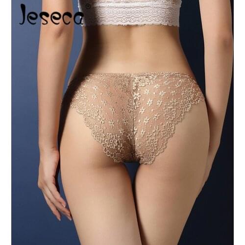 Jeseca New Sexy Women Luxury Panties Lace Transparent Briefs Low Waist T-Shape Plus Size Underwear Seamless Panties Lingerie