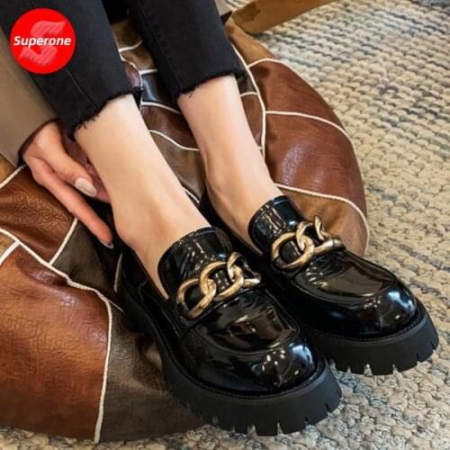 Superone Women Real Leather Pumps Round Toe Thick Heel Cross Strap Metal Chain Solid Color Casual Ladies Footwear Size 34-39