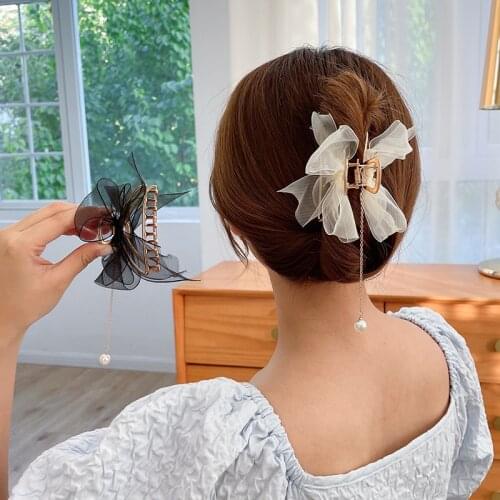 2021 Fashion Women Girls Bow Pearl Hair Claw Vintage Sweet Hair Accessories Hair Clip Barrettes Ribbon Bowknot Hairpins Headwear