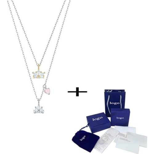 Stylish Romantic Double Crown Feminine Charm Necklace With Pink heart-shaped crystal inlay