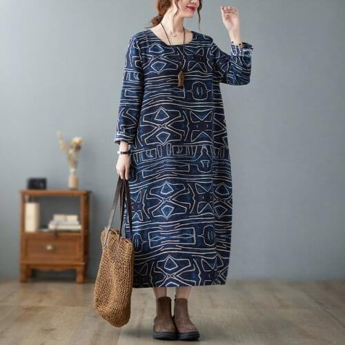 Vintage Autumn Dress 2021 New Arrival Long Sleeve Women Casual Spring Dress Cotton Linen Print Floral Office Lady Work Dress