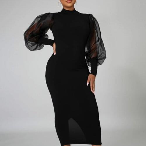 Black Bodycon Women Dress Patchwork Mesh Long Lanter Sleeves Slit Mid-length Slim Dresses 2021 Elegant Fashion Female Vestidos