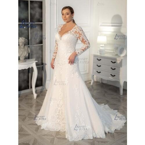 LAYOUT NICEB Long Sleeves boho lace Wedding Dress Plus Size Bridal Gown Deep V-neck A-line Lace Bride Dress Robe de Mariage