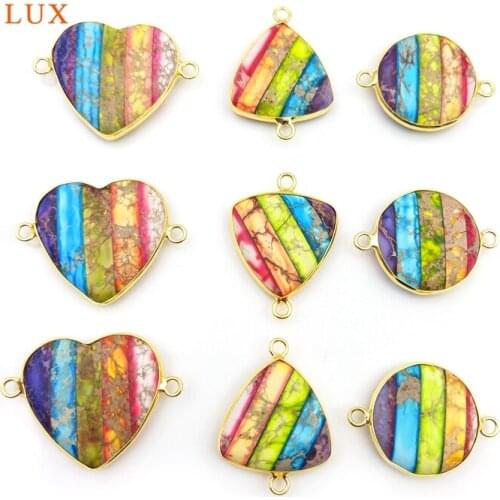 2pcs Natural Stones Emperor Stone Round Shaped Pendants Two Hole Gold Connector Charm Woman Jewelry Making Necklace Bracelet