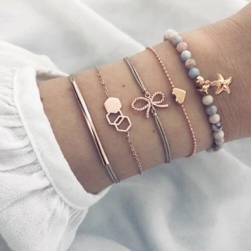 5 Pcs/Set Women Fashion Bows Beads Starfish Hearts Geometric Chains Gold Bracelets Beach Charm Bangle Jewelry Accessories