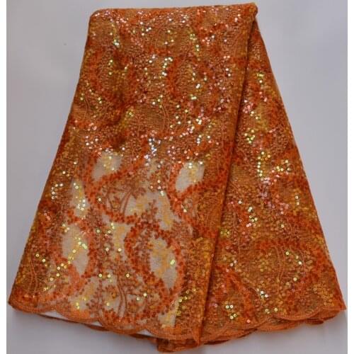 5yards/pc ) Beautiful orange African French net lace fabric newest tulle lace with sequins embroidery for party dress FLP206
