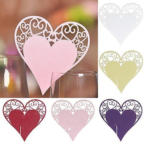50Pcs Hollow Heart Wine Glass Wedding Party Mark Name Place Card Table Decor