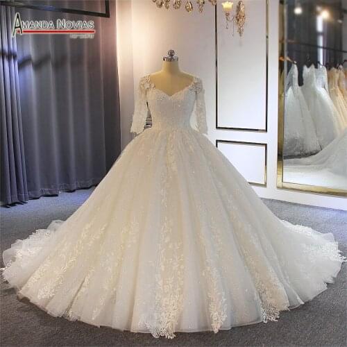 New model gelinlik shinny wedding dress with half sleeves new model bridal dress