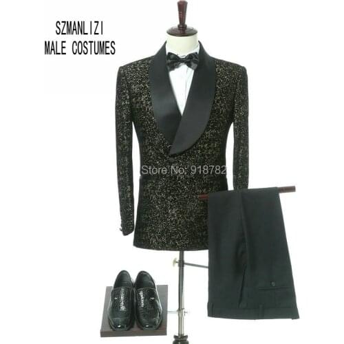 Brands Elegant Men Suits Smoking Slim Fit Gold Tuxedo Velvet Jacket Double Breasted Suits For Men Wedding Dress Terno Masculino