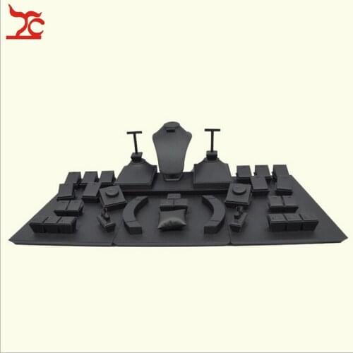 Wooden Jewelry Display Set Black Leatherette Necklace Display Stand Ring Holder Stud Earring Organizer Window Showcase Kit