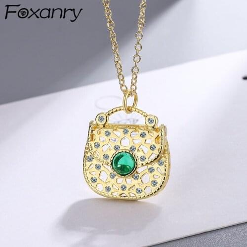 FOXANRY 925 Sterling Silver Necklace for Women New Trendy Elegant Vintage Charming Hollow Bag Design Green Zircon Party Jewelry