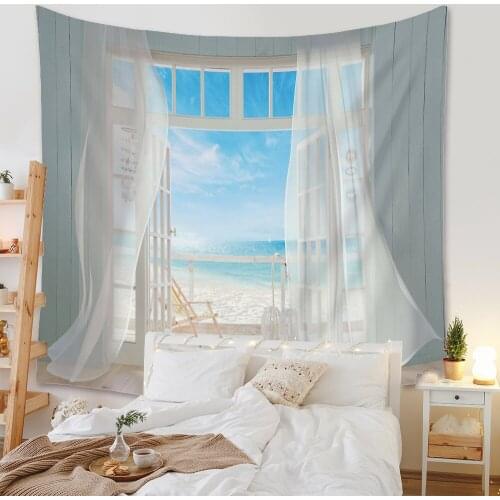 Window Tapestry Wall Decor Beautiful Ocean Beach Blue Sky Room Home Decoration Curtains Moon Landscape Hippie Boho Wall Blanket