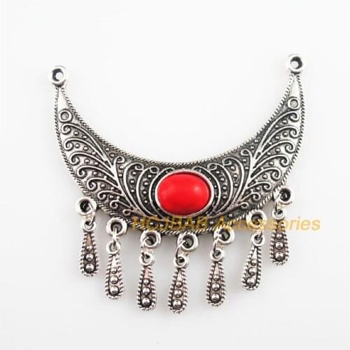 3Pcs Retro Tibetan Silver Moon Teardrop Tassels Red Charms Pendants 54mm