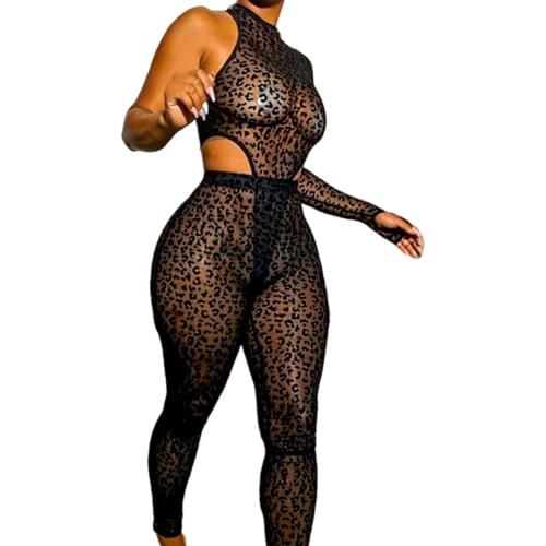 Leopard Bodycon Jumpsuits for Women Sexy See Through Mesh Pant Two Piece Outfits