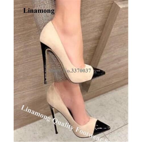 Linamong Newest Patchwork Black Pointed Toe Stiletto Heel Pumps Beige Suede Slip-on High Heels Formal Dress Shoes Wedding Heels