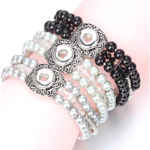 Fashion Snap Jewelry 12mm Adjustable Elastic Snap Button Bracelet Double-deck Beads Bangles For Women Gift ZE605A