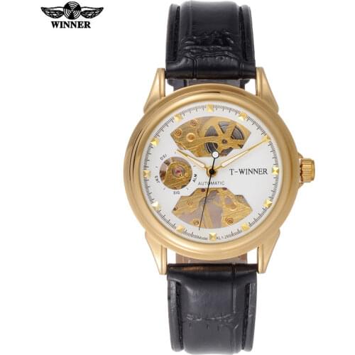 Men mechanical watches skeleton watches WINNER brand business hand wind wristwatches for men leather strap hot female gift clock