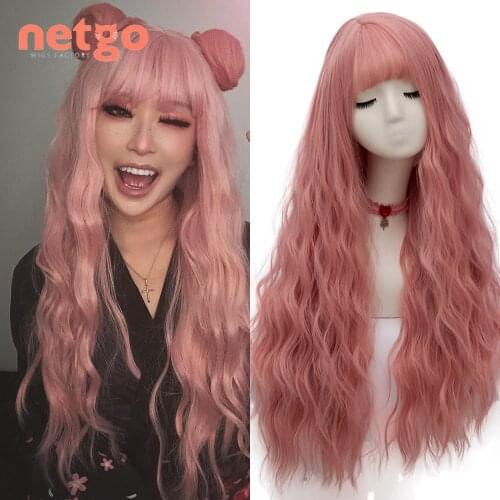 Netgo Long Wavy Blonde Synthetic Wigs with Bangs Pink/Black wig Heat Resistant Fiber Wig for Women Cosplay Party Daily Use