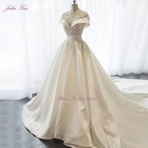 New Lustrous Satin High Collar A-line Wedding Dress Beading Pearls Crystals Appliques Floor-Length Elegant Princess Bride Dress