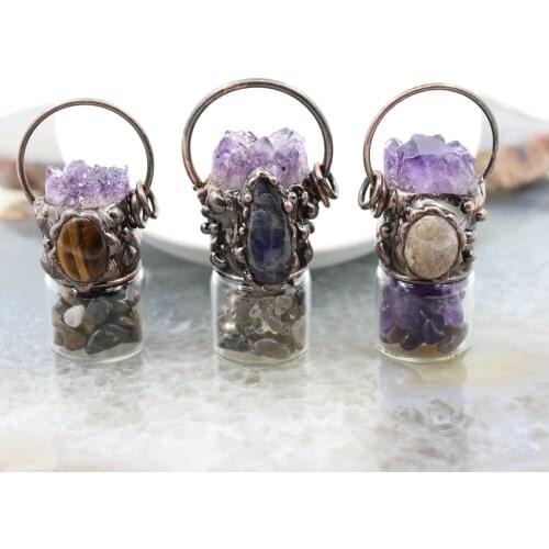 Natural Amethysts Druzy Quartz Reiki Energy essential oil Bottle Pendant,Healing Crystal Necklace DIY Jewelry For Unisex Gifts